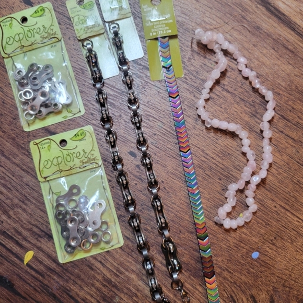 Jewelry Making Craft Supplies Bundle - rose quartz, hematite, bike chain parts